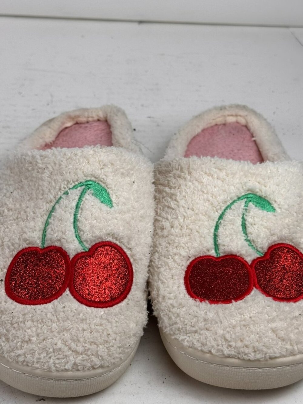 Women's Fuzzy Cherry Slippers House Shoes White Pink Size L